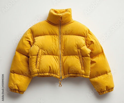 A mustard-yellow cropped puffer jacket with a high collar, front zipper, and horizontal quilting.  It's shown flat against a white background