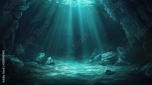 Underwater cave, sunlight beams