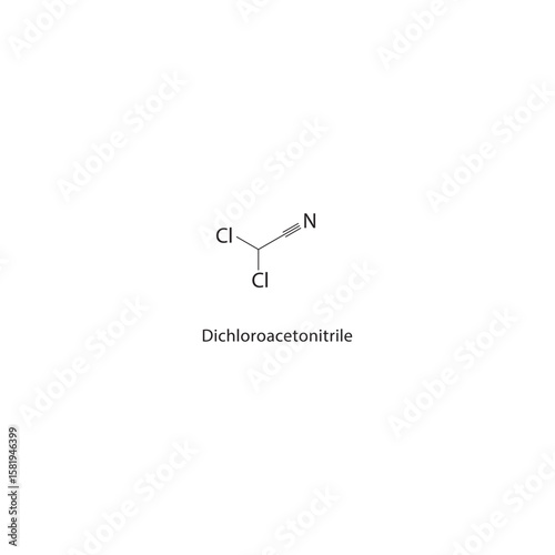 Dichloroacetonitrile skeletal structure. halogen nitrile compound schematic illustration. Simple diagram, chemical formula.