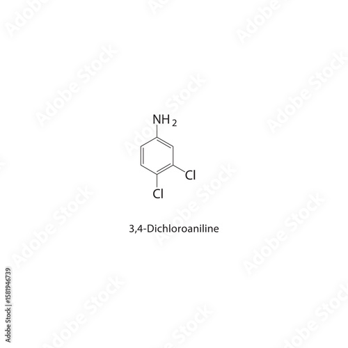 3,4-Dichloroaniline skeletal structure. halogen aniline compound schematic illustration. Simple diagram, chemical formula.