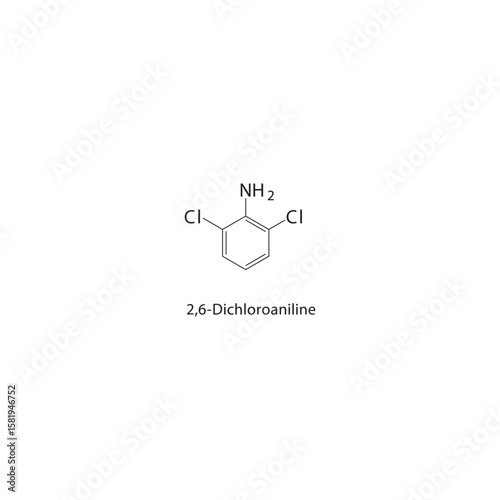 2,6-Dichloroaniline skeletal structure. halogen aniline compound schematic illustration. Simple diagram, chemical formula.