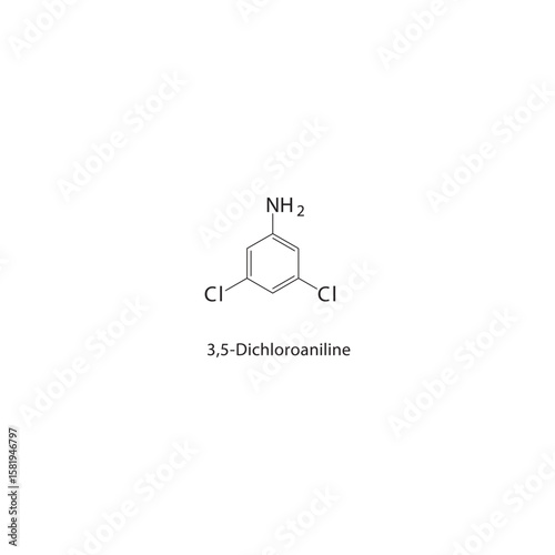 3,5-Dichloroaniline skeletal structure. halogen aniline compound schematic illustration. Simple diagram, chemical formula.