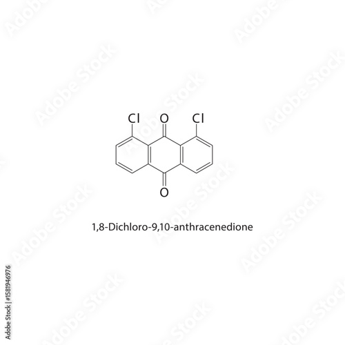 1,8-Dichloro-9,10-anthracenedione skeletal structure. halogen diketone compound schematic illustration. Simple diagram, chemical formula.