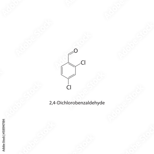 2,4-Dichlorobenzaldehyde skeletal structure. halogen aldehyde compound schematic illustration. Simple diagram, chemical formula.