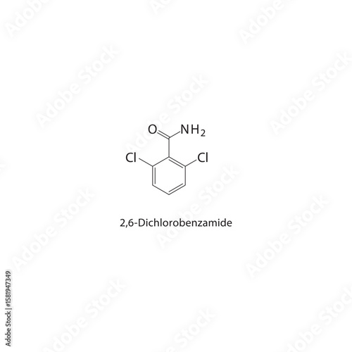 2,6-Dichlorobenzamide skeletal structure. halogen amide compound schematic illustration. Simple diagram, chemical formula.