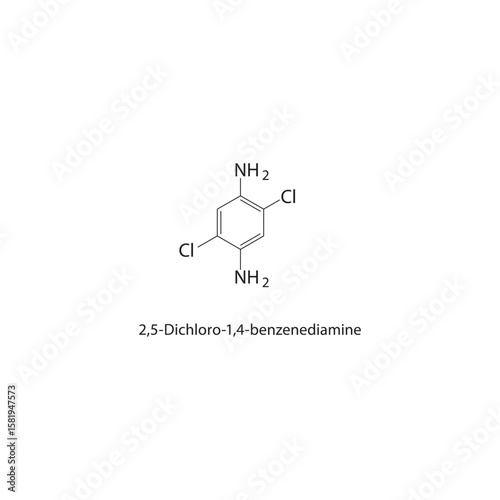 2,5-Dichloro-1,4-benzenediamine skeletal structure. halogen diamine compound schematic illustration. Simple diagram, chemical formula.