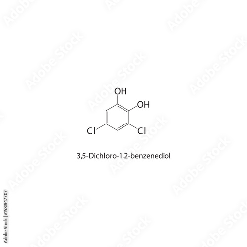 3,5-Dichloro-1,2-benzenediol skeletal structure. halogen diol compound schematic illustration. Simple diagram, chemical formula.