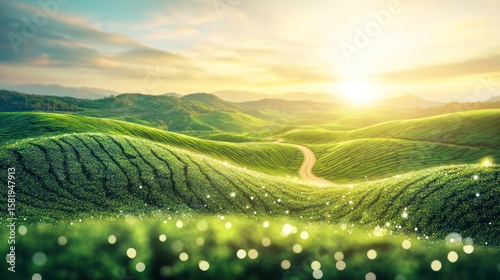 Lush green tea plantations at sunrise