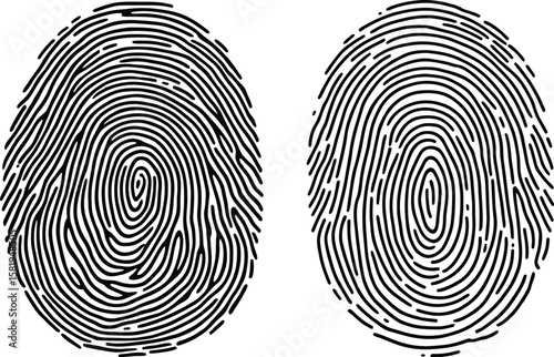 Fingerprint Icon Illustration Minimalist Black Silhouette Featuring Side-by-Side Unique Ridge Patterns for Identity Verification and Forensic Science Graphics