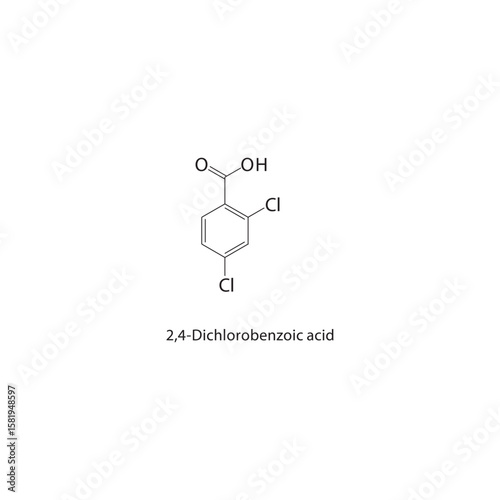 2,4-Dichlorobenzoic acid skeletal structure. halogen acid compound schematic illustration. Simple diagram, chemical formula.