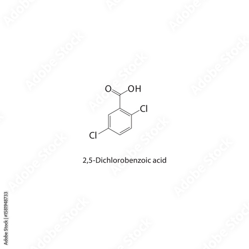 2,5-Dichlorobenzoic acid skeletal structure. halogen acid compound schematic illustration. Simple diagram, chemical formula.