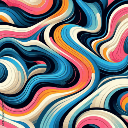 Seamless abstract vector pattern with thick rainbow spiral strokes, fluid motion, dynamic layout, flat design.

