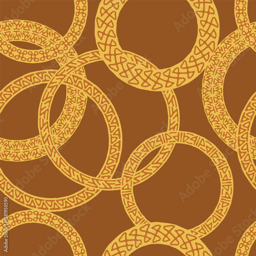 Tribe seamless pattern for printing on fabric. Mystical round chains texture print. Made of intersecting circles decorated with runes and magical symbols. Ethnic african wallpaper. Vector background