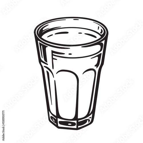 Tall glass filled with clear liquid featuring vertical lines and a faceted base vintage Art drink beverage