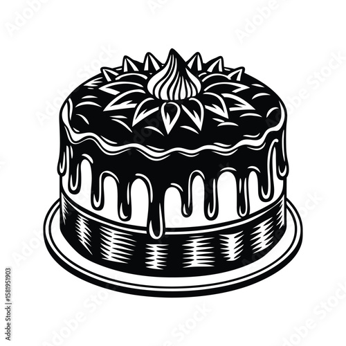 Black and white cake with dripping icing and decorative swirls dessert frosting
