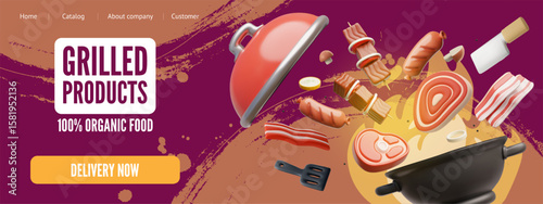 3d banner of the website web page with pieces of meat, bacon, shashlik, grilled sausages.