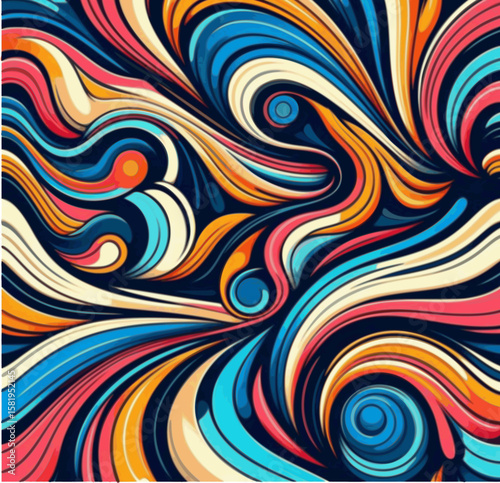 Seamless abstract vector pattern with thick rainbow spiral strokes, fluid motion, dynamic layout, flat design.

