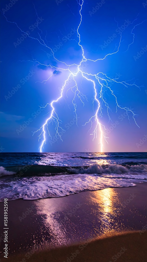 Obraz premium Powerful lightning strikes a beach at sunset
