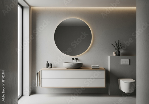 Modern Minimalist Bathroom with Backlit Round Mirror and Stone Sink