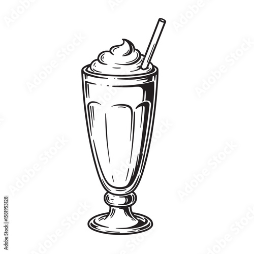 Vintage milkshake with whipped cream and straw glass beverage