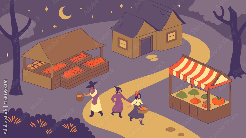 Fototapeta premium Isometric view of a night market with witches buying produce under a crescent moon and starry sky scene
