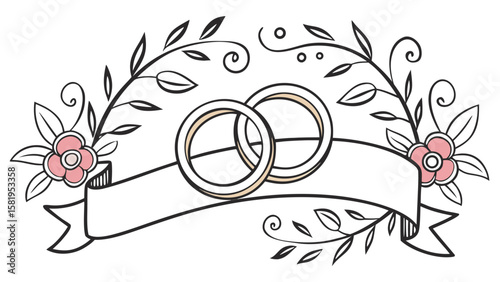 Elegant wedding rings illustration with floral banner design; romantic, hand-drawn style; perfect for invitations, stationery, and website design projects.