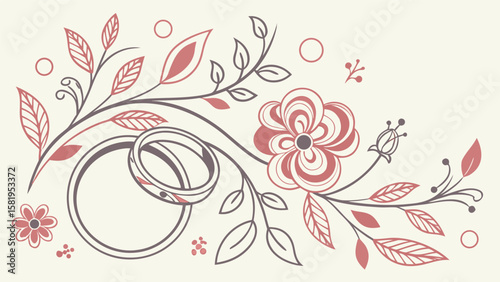 Elegant wedding invitation design; stylized floral arrangement with intertwined rings; romantic, blush pink and gray palette; delicate line art; perfect for stationery, websites, and announcements.