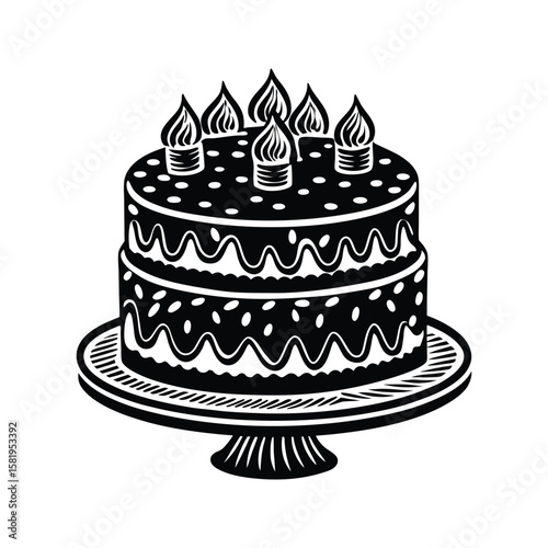 Black and white two tier cake with candles and drizzles birthday celebration
