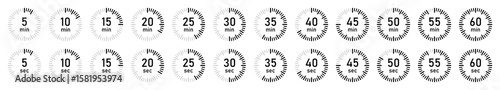 Minimalist circular countdown timer icons showing intervals from 5 to 60 minutes and seconds. Perfect for UI UX, fitness apps, video editing overlays, or digital interfaces. Vector illustration.