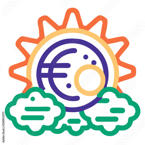 Symbolic Representation of Euro Currency with Sun and Clouds for Financial Blogs, Economic Websites, Investment Articles, Environmental Awareness, and Graphic Design Projects  
