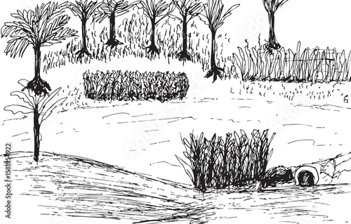Freehand sketch of swampy terrain and wild grass patches