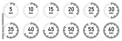 Clean circular countdown timer icons in black and gray showing time from 5 to 60 seconds. Ideal for UI UX design, fitness apps, digital dashboards, video overlays, and loading screens. Vector icons.