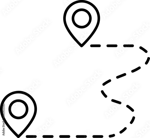 Two location pins connected by a dashed line representing a route or journey