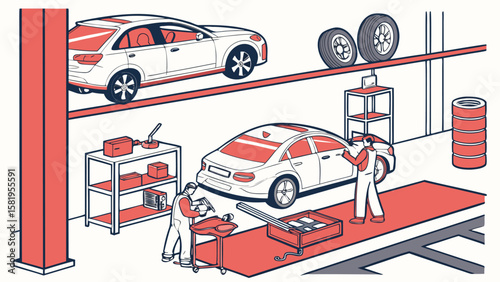 Modern auto repair shop illustration: two mechanics servicing white luxury cars, clean line art style, efficient and professional mood, showcasing automotive maintenance and detailing.