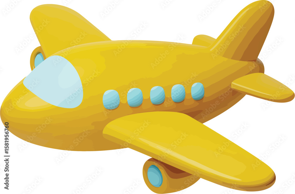 Fototapeta premium A yellow cartoon airplane with blue windows and accents on a white background in a studio setting