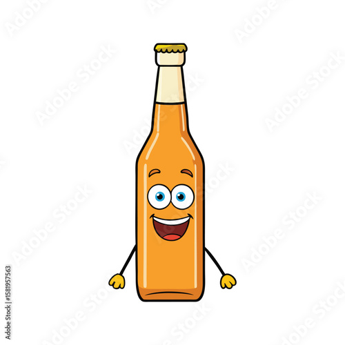 Cheerful orange beverage bottle with smiling face and hands yellow blue eyes