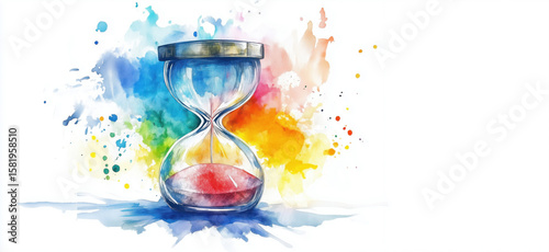 Colorful watercolor hourglass symbolizing time and creativity with vibrant splashes.