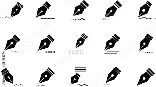 Collection of black fountain pen nib icons writing different lines and waves