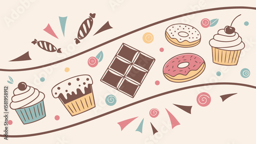 Sweet Treats:  A whimsical illustration featuring cupcakes, donuts, chocolate, and candies in a pastel color palette, perfect for bakery branding, dessert menus, or celebratory designs.