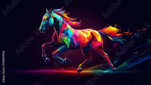 Colorful polygonal horse running in vibrant abstract style with dynamic motion effects.