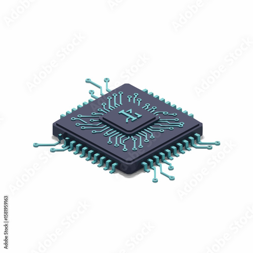 Isometric Computer Chip Illustration, Technology Concept, Microprocessor on White
