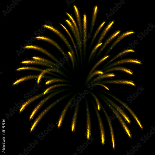 Fireworks salute with yellow shining sparks, vector realistic explosion festive firecracker burst, pyrotechnic fire