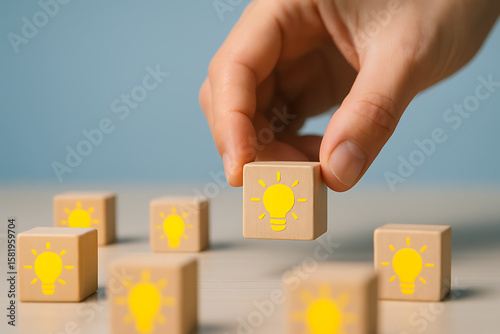 Picking cube with glowing bulb icon among others showing unique idea selection creativity leadership innovation or startup potential concept on desk