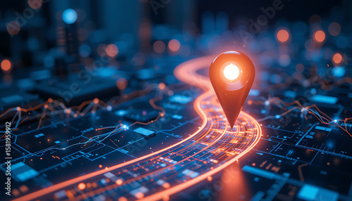 Modern Tech Roadmap Graphic Showing Infrastructure Upgrades and Software Implementation with Glowing Orange Marker for Future Innovation
