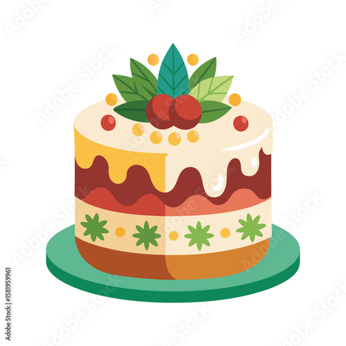 Festive layered cake with fruit and leaves dessert sweet