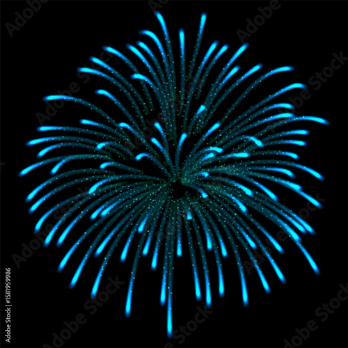Realistic fireworks salute with shining sparks, vector blue explosion festive firecracker burst, pyrotechnic rocket fire