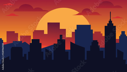 Sunset Over City Buildings with Dramatic Silhouette silhouette