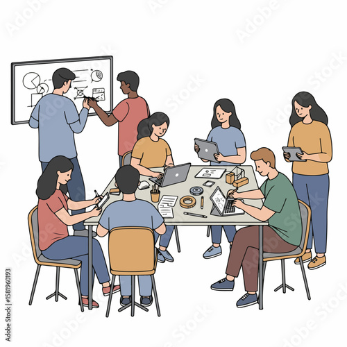 Collaborative team brainstorm session illustration with laptops, tablets, and whiteboard