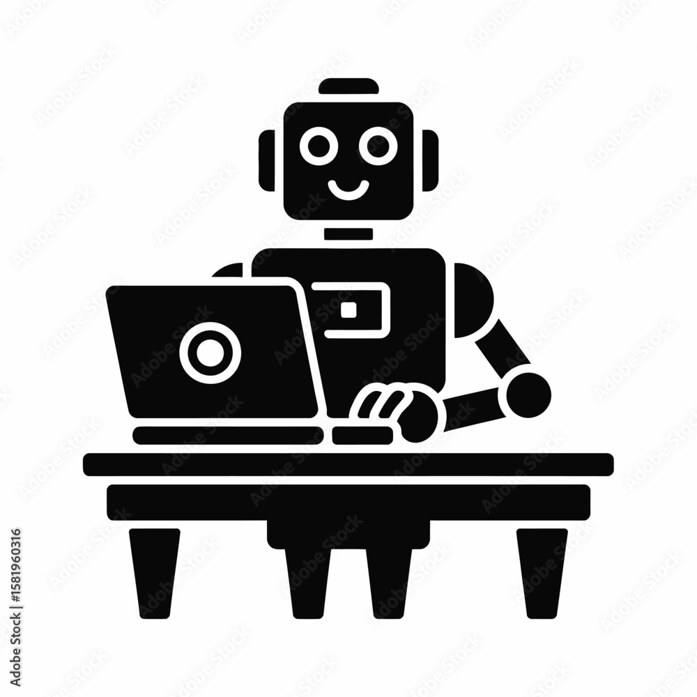 Fototapeta premium Robot at Desk Using Laptop Illustration Perfect for Technology, Artificial Intelligence, Programming, and Futuristic Innovation Concepts in Digital Workspace Vector Art and Design Projects