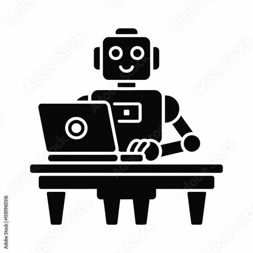 Robot at Desk Using Laptop Illustration Perfect for Technology, Artificial Intelligence, Programming, and Futuristic Innovation Concepts in Digital Workspace Vector Art and Design Projects

